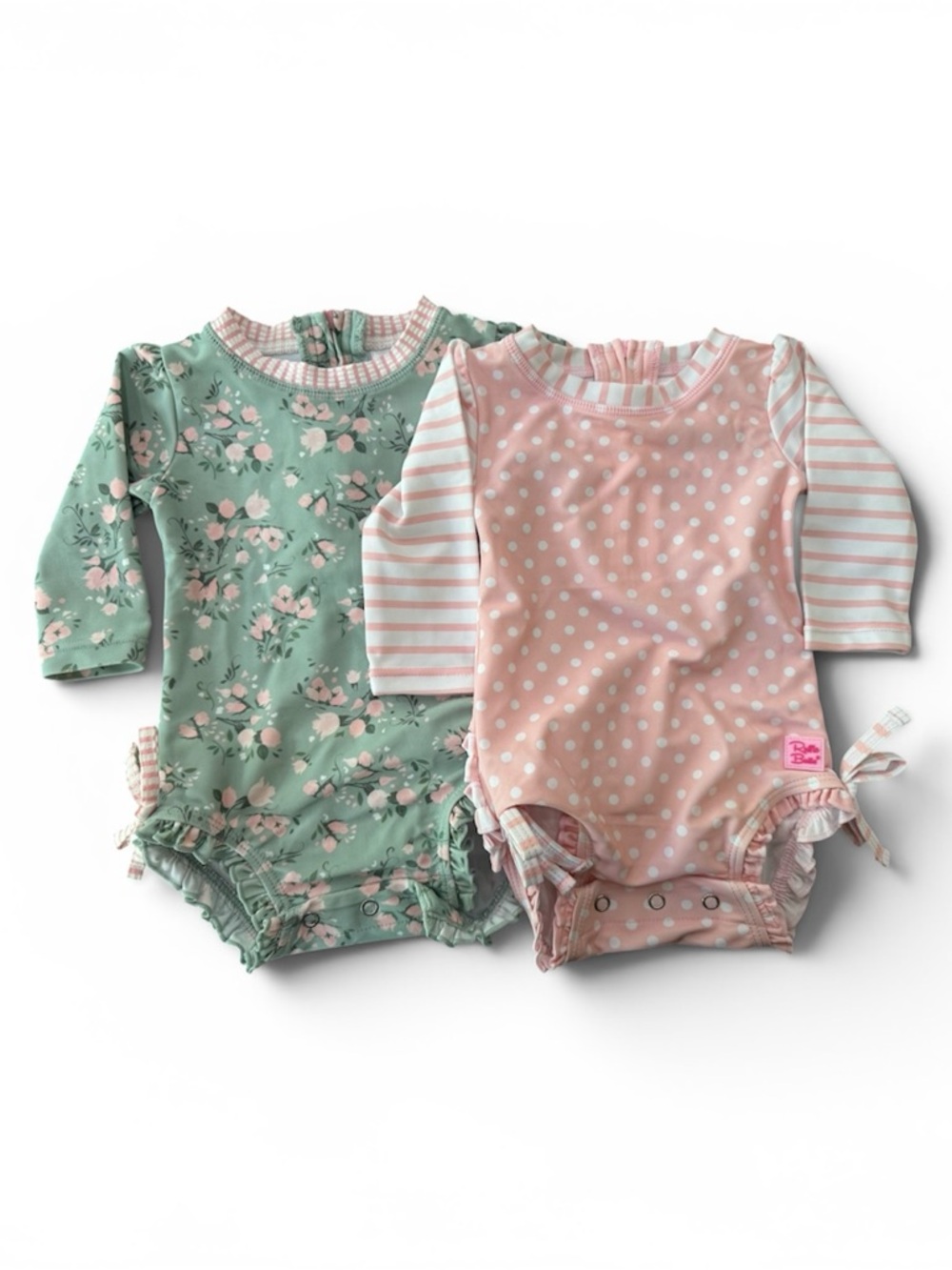 Ruffle Butts Pink Polka Dot & Mint Floral Long-Sleeve One-Piece Set